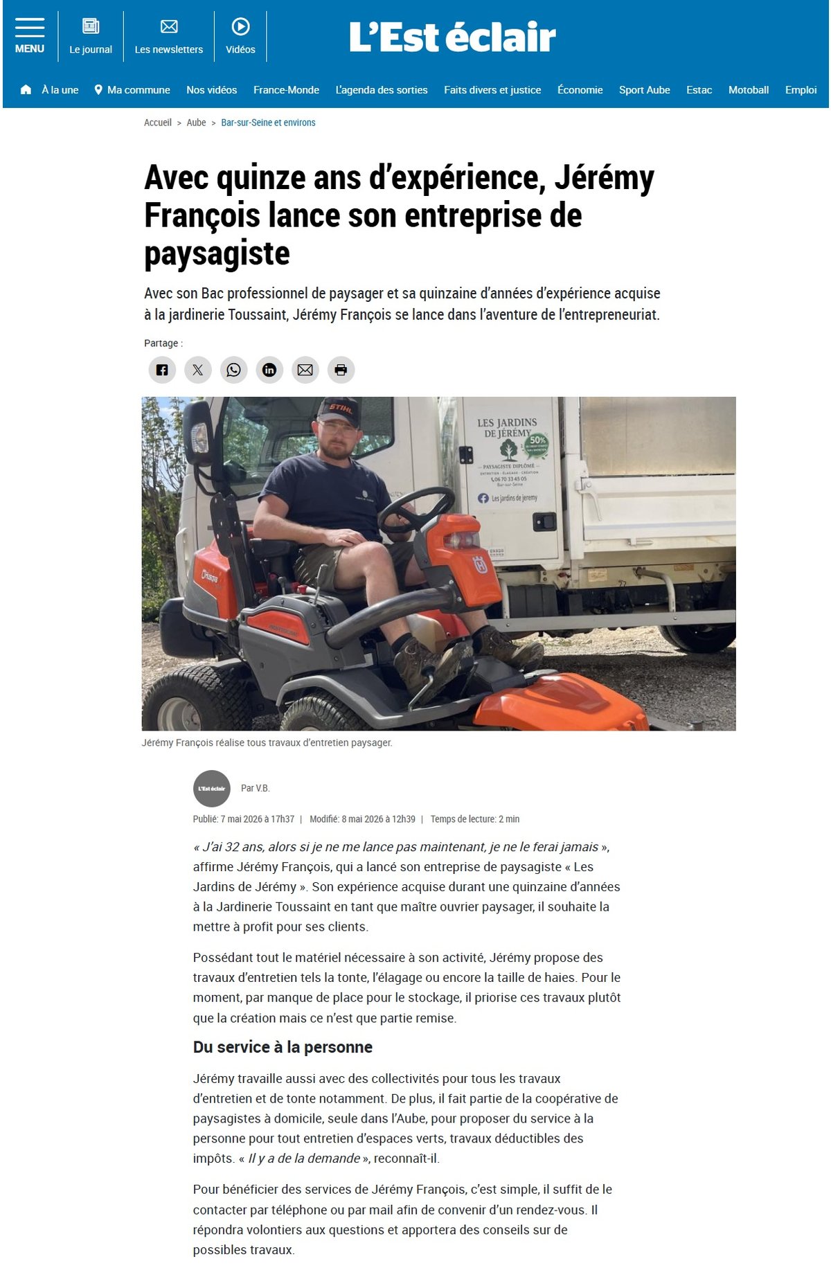Article L'Est Éclair — Avec quinze ans d'expérience, Jérémy François lance son entreprise de paysagiste